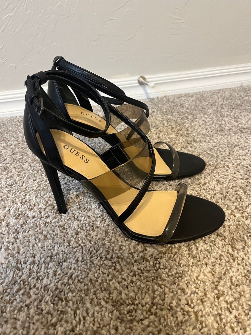GUESS “FELICIA” Black Strappy Clear-Panel Stiletto Sandals